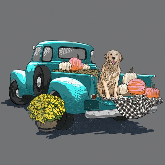 Assorted Sizes-Women's Knit Short Sleeve Graphic Tee- Fall Dog in Old Pickup-NWT - Picture 2 of 3